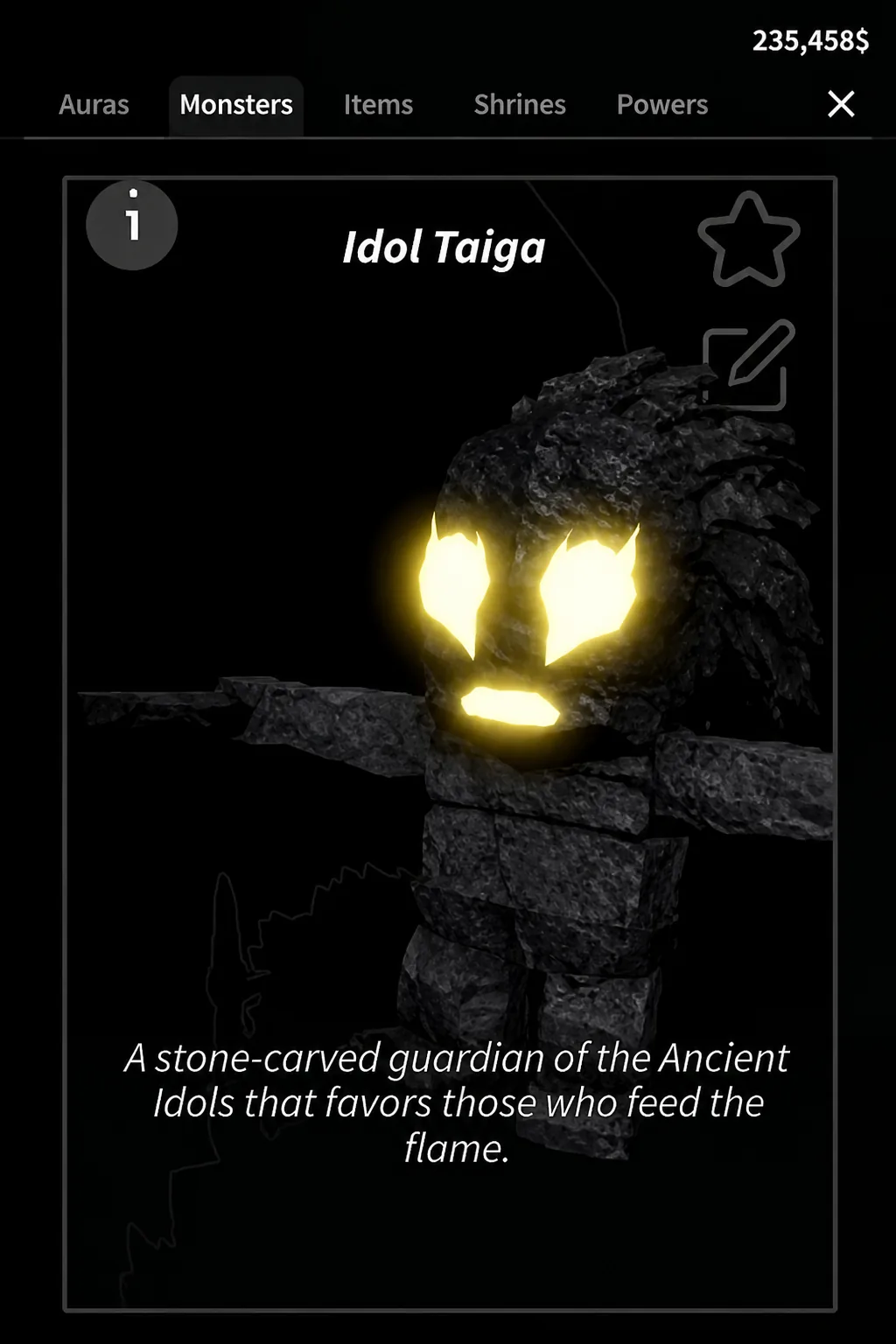 Idol Taiga entry shown on the in-game Monsters details screen