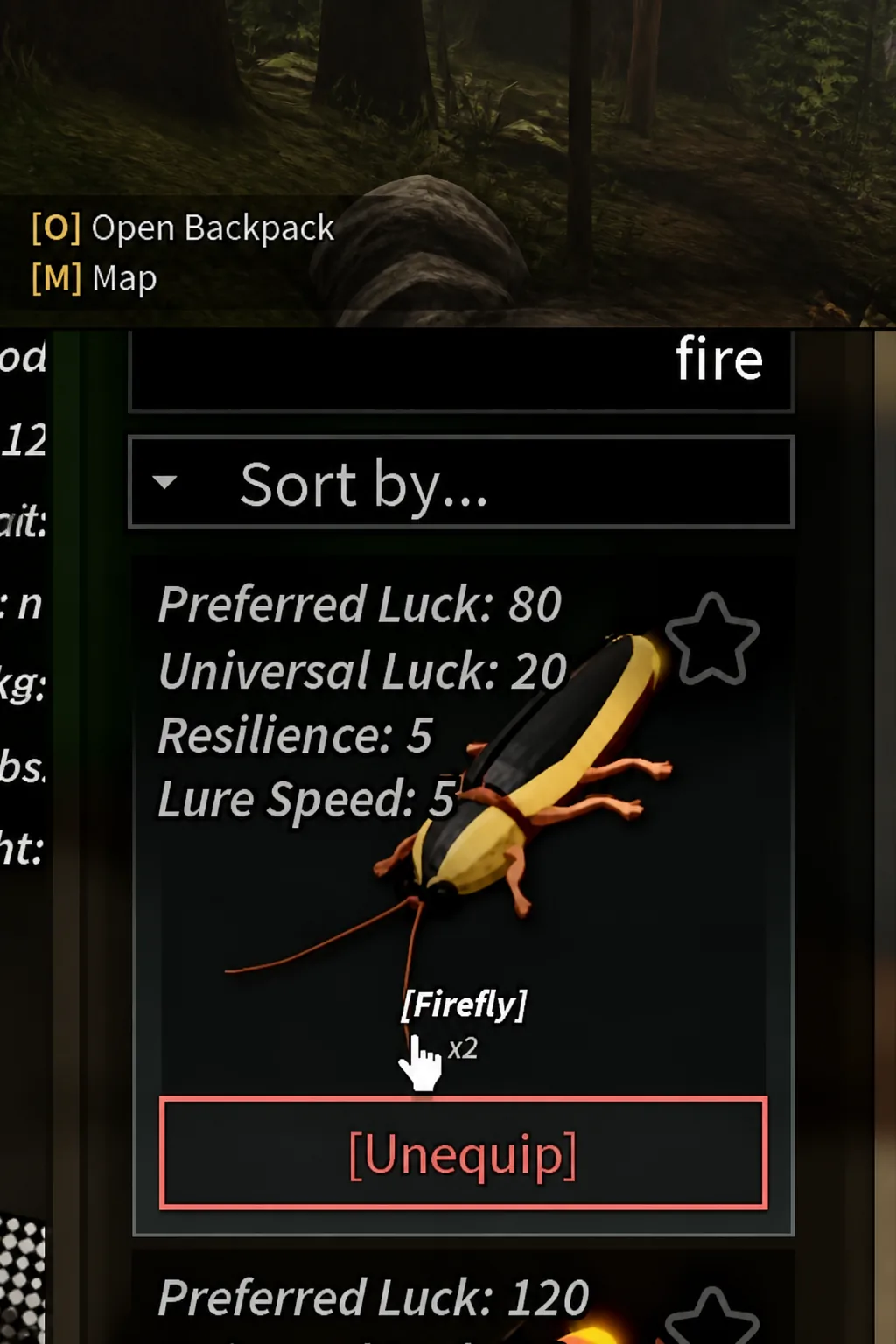 Backpack screen with the Firefly bait selected and the Unequip button highlighted