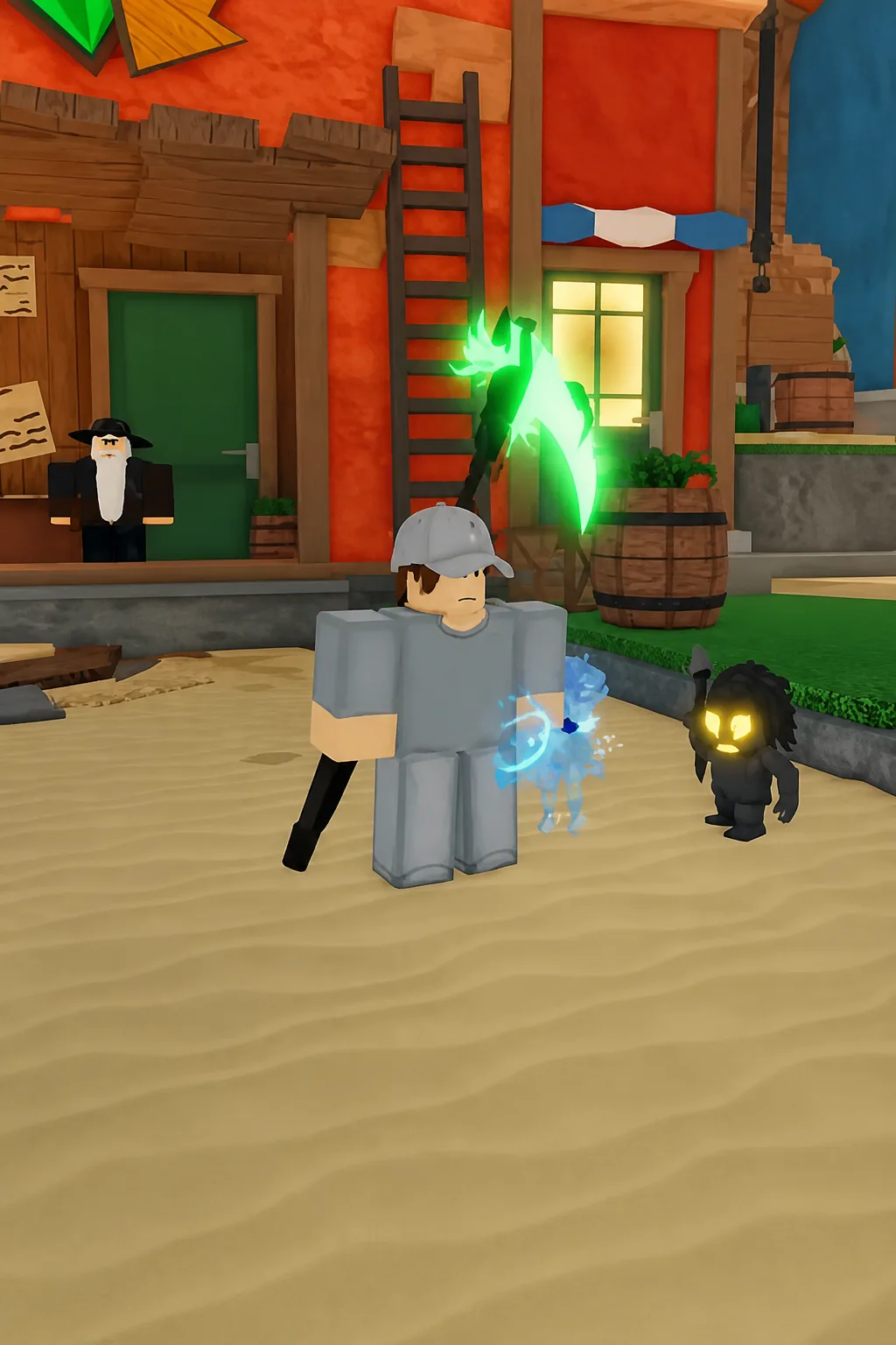 Player character standing in the Skycrest village with companions nearby during gameplay