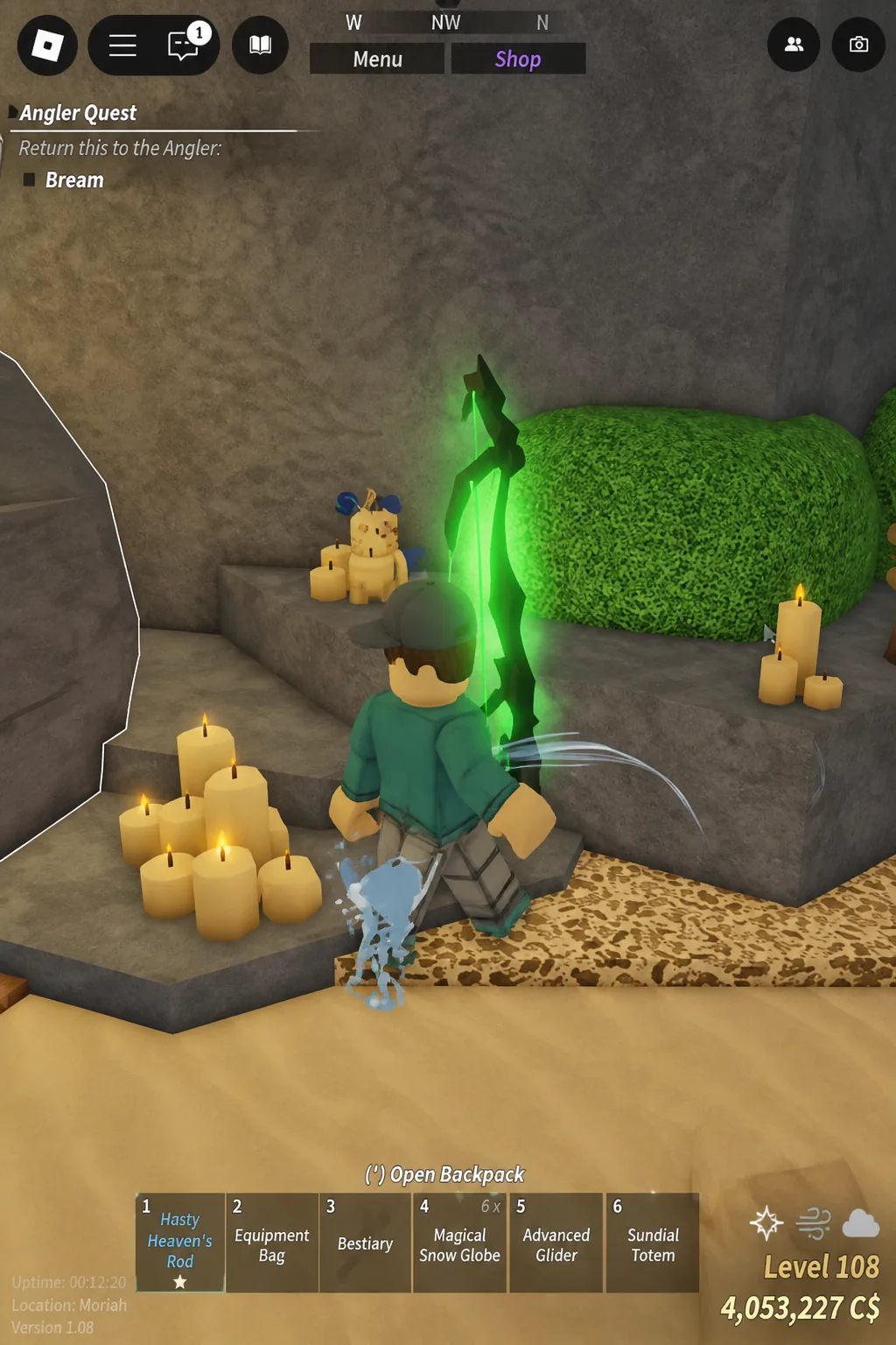 Fishing on Skycrest with an angler quest panel open on the side of the screen