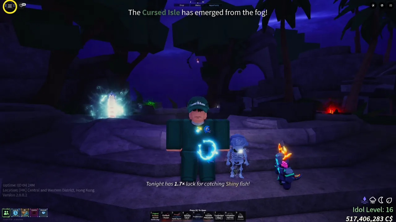 On-screen message reading The Cursed Isle has emerged from the fog while the player stands on an island