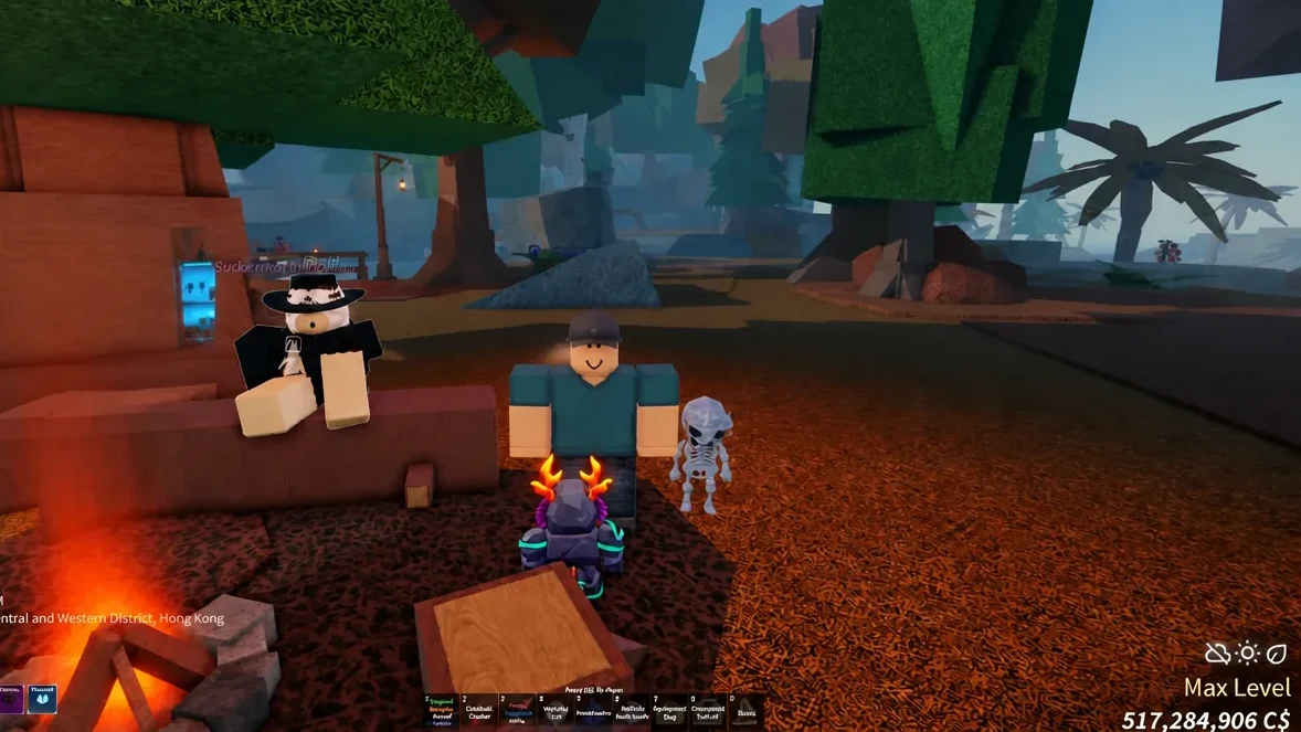 Player avatar standing beside a lit campfire with other characters nearby in Fisch