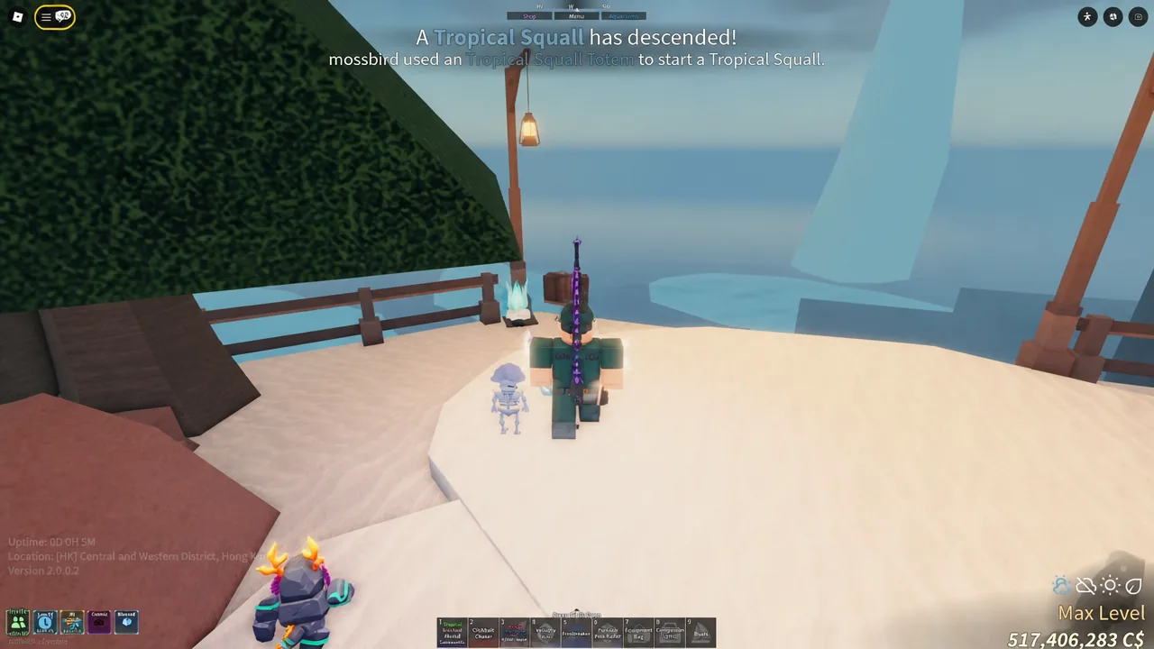 A Tropical Squall notification appearing on screen after a totem is used during a fishing session