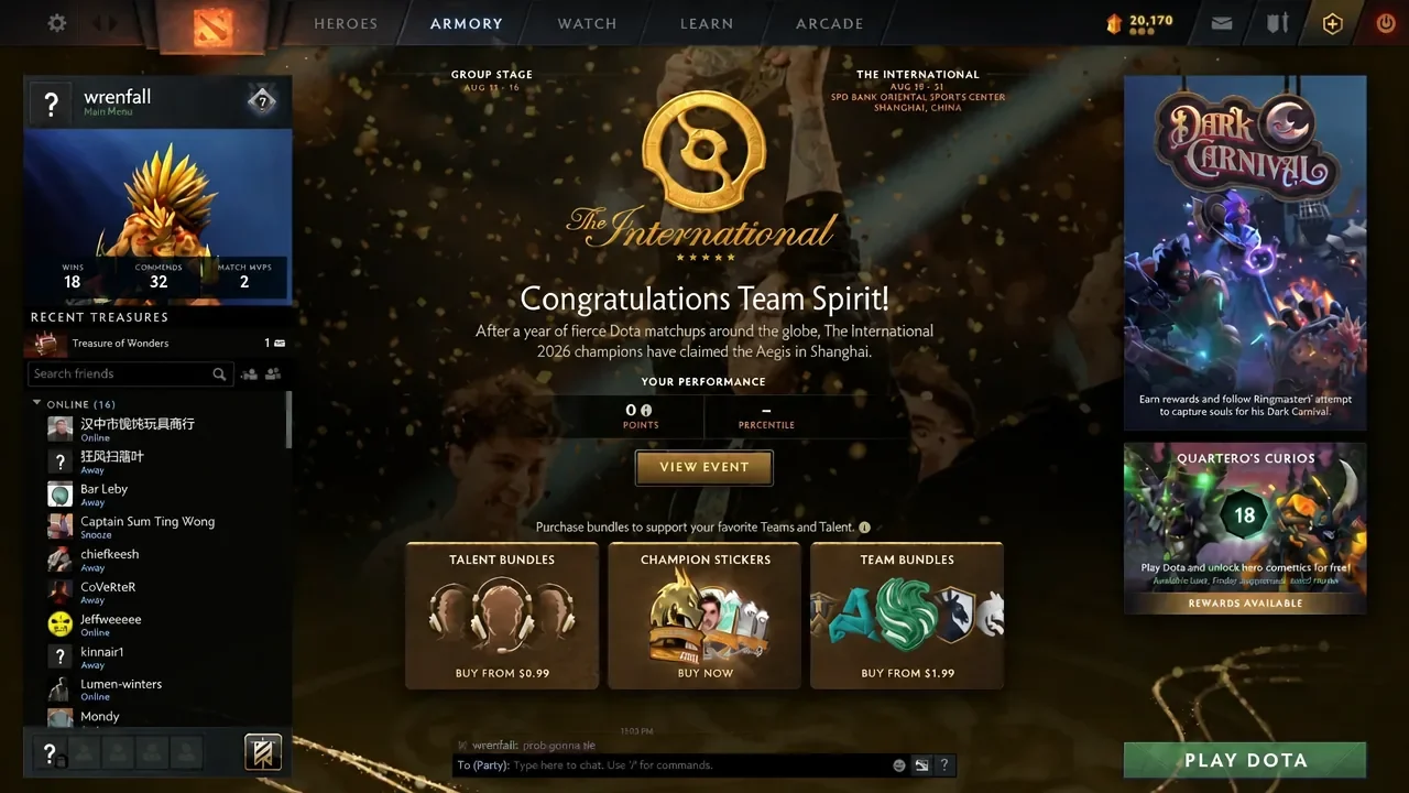 Dota 2 main menu with the top navigation tabs including Armory and an event panel