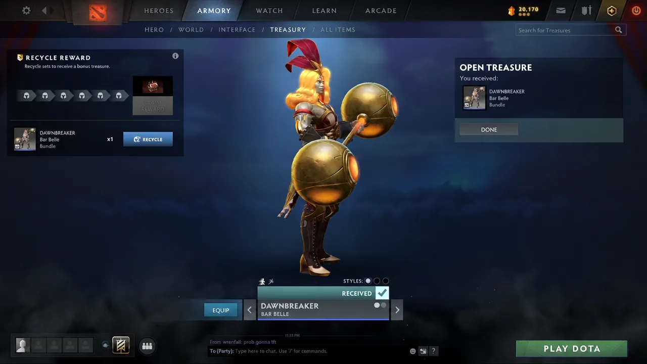 Treasury result screen showing the unboxed Dawnbreaker Bar Belle bundle with a Done button