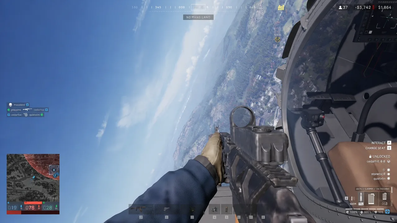 Side seat of a helicopter in flight with the Interact prompt visible while the player holds a rifle.