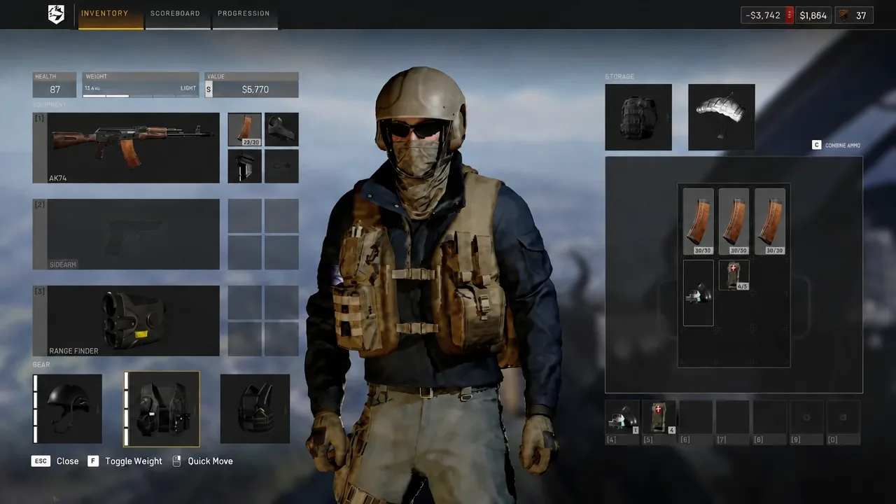 Inventory screen with the Basic Parachute equipped in the Traversal slot, showing its weight and usage traits.