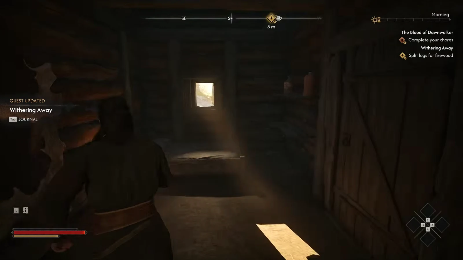 Withering Away quest tracker showing the Split logs for firewood objective inside Coen's dark house