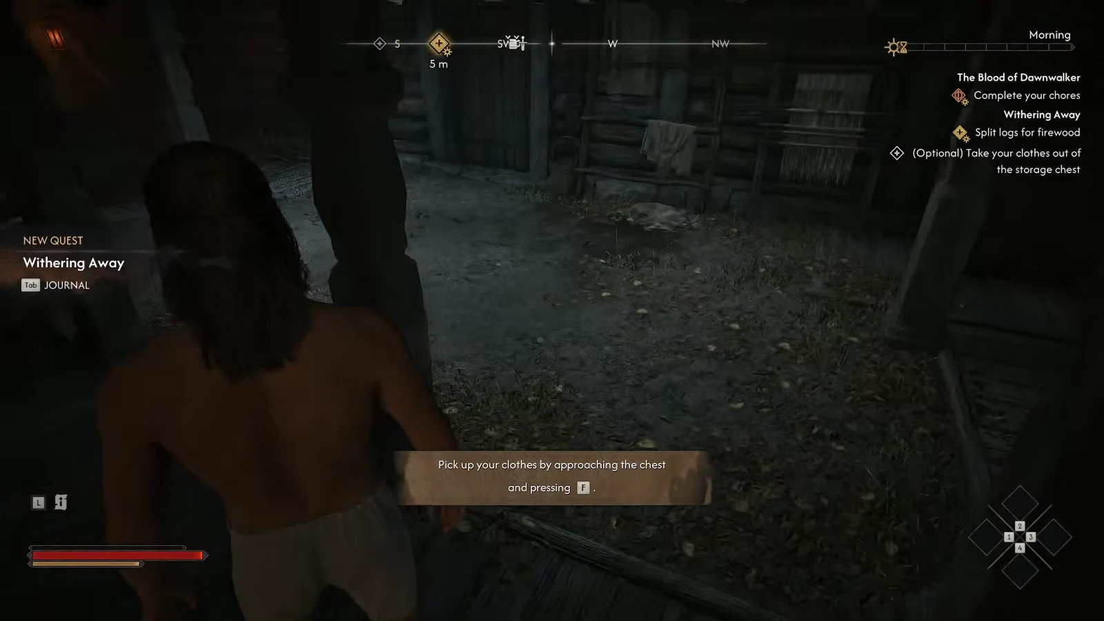 Coen standing in front of the bedroom storage chest during the Withering Away quest