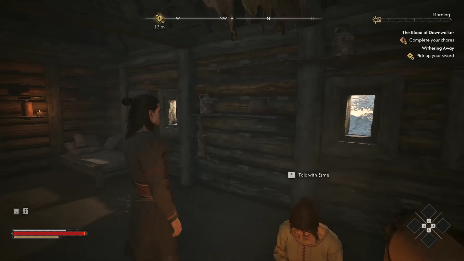 Cabin interior with the Talk with Esme prompt on screen and the Pick up your sword objective active