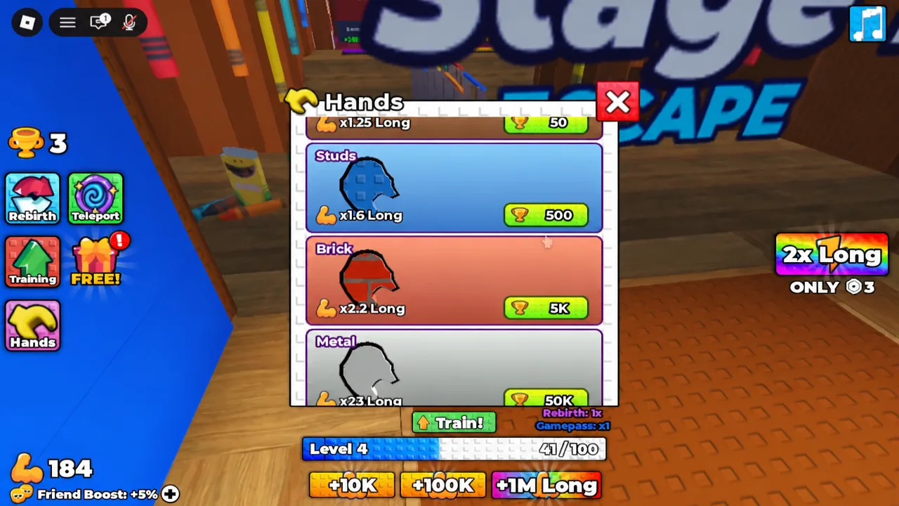 The Hands menu open in +1 Long Arm Toy Escape showing hand length upgrade options