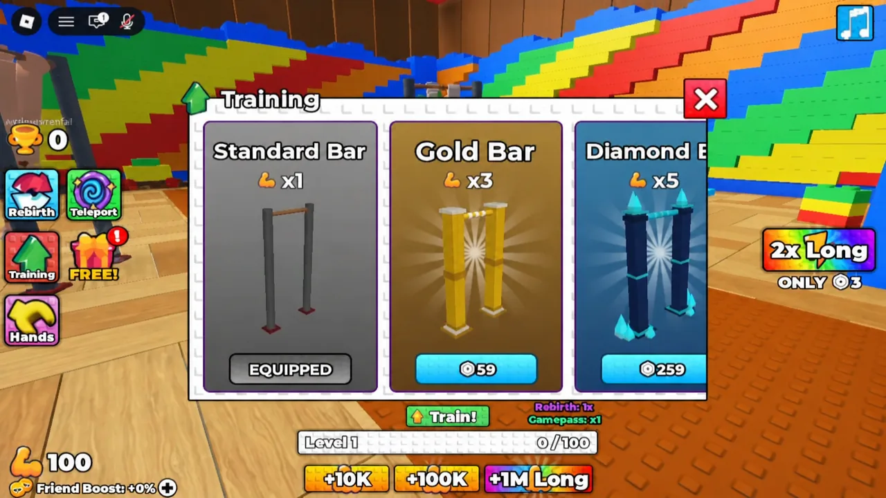 Training menu with the Standard Bar marked EQUIPPED next to Gold Bar and Diamond Bar options