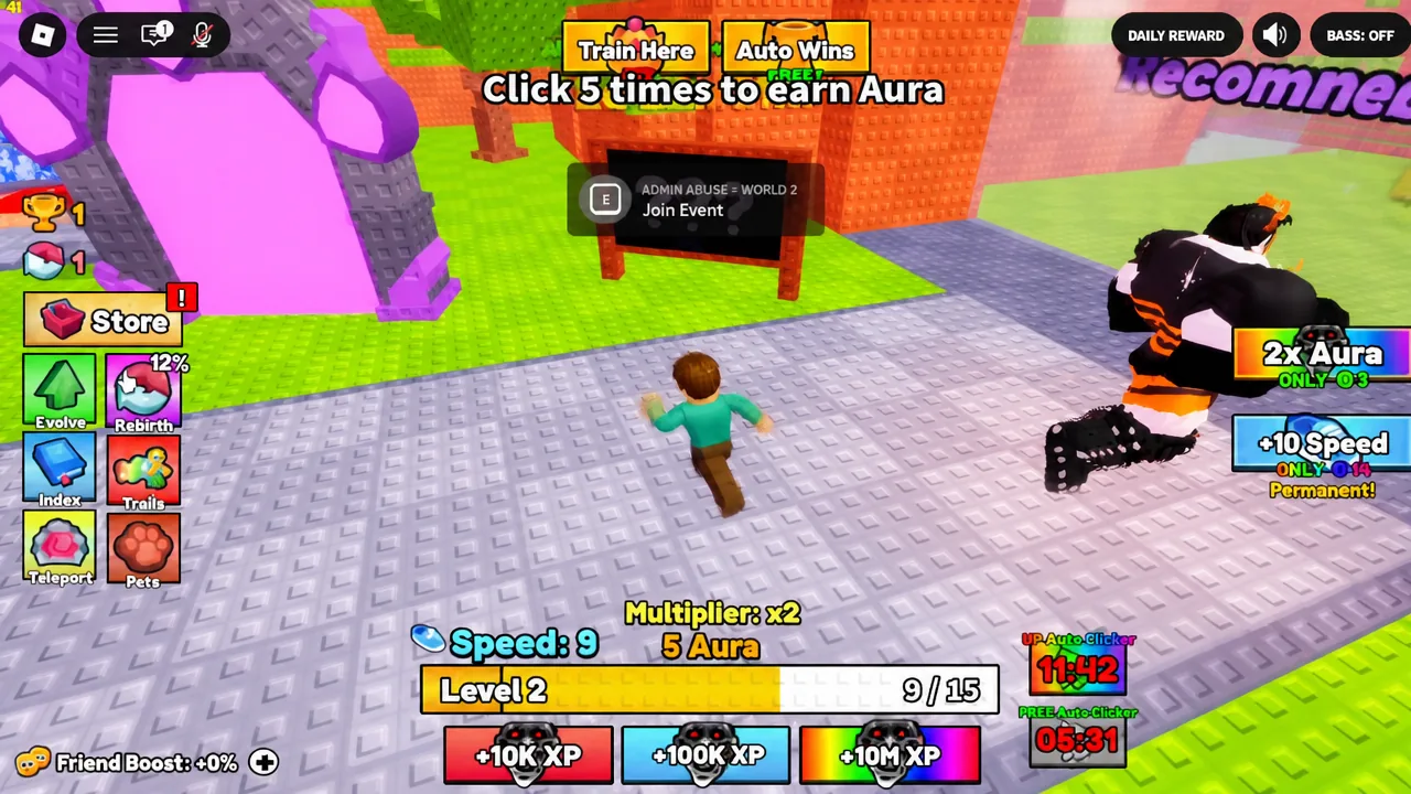 In-world ADMIN ABUSE World 2 event prompt with the E key highlighted to join