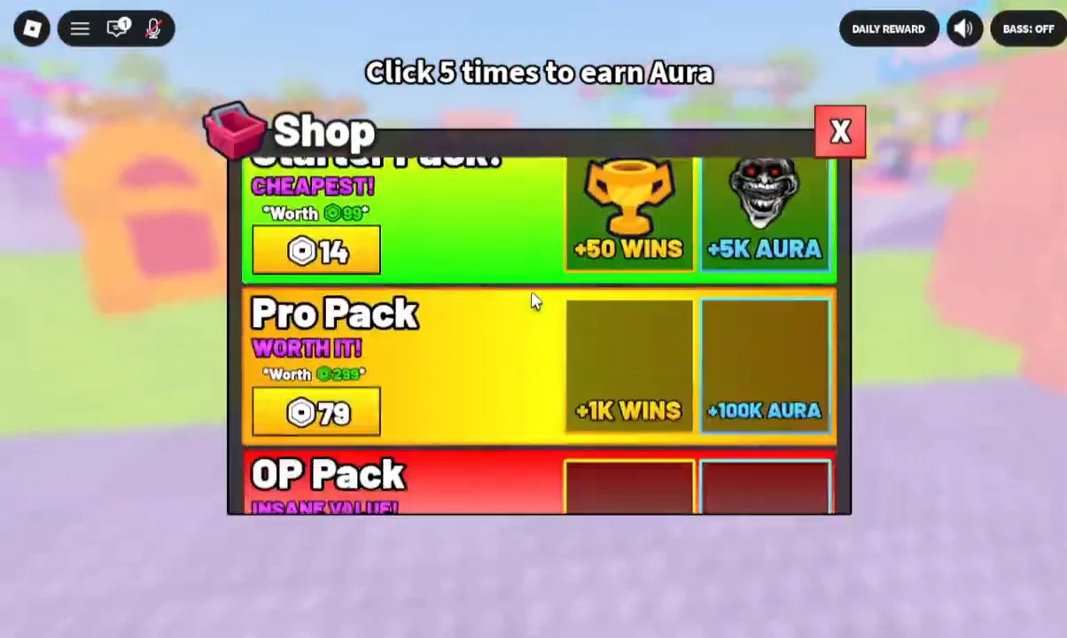 Shop menu showing Starter, Pro and OP Aura packs with Robux prices