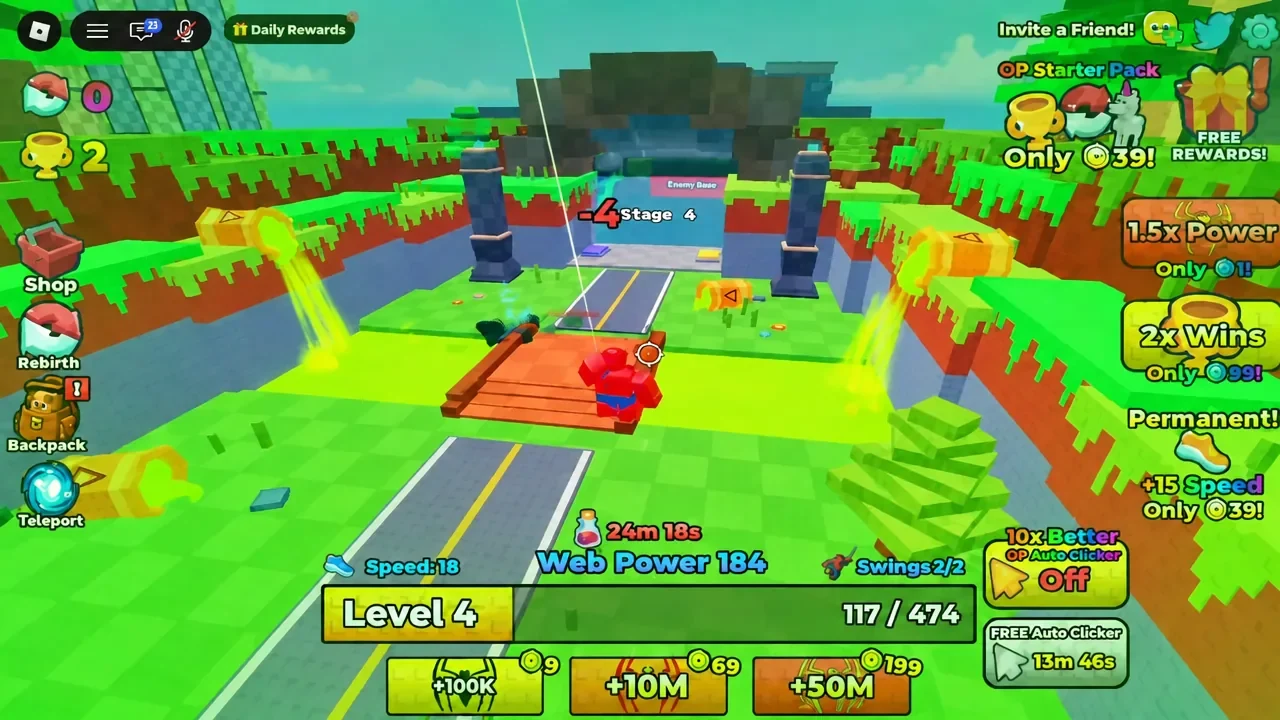 Level 4 progress bar and Web Power HUD as the avatar crosses the bridge toward Stage 4