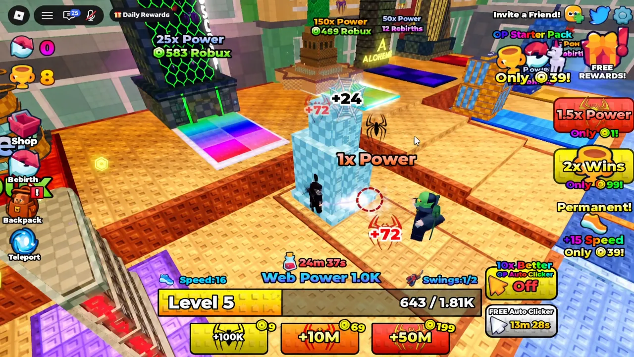 Level 5 power meter and upgrade buttons on screen while the player attacks a training target