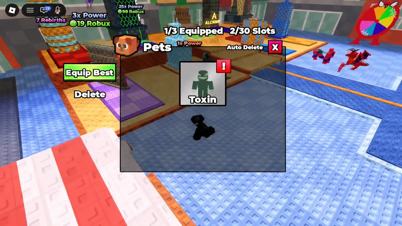 Pets menu open on the Toxin pet with the Equip Best button visible