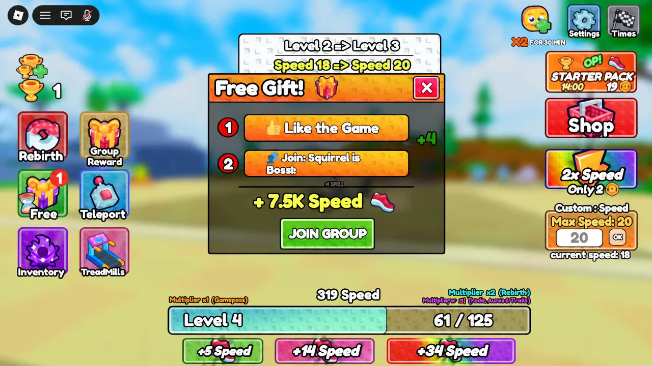 Free Gift dialog with the JOIN GROUP button highlighted for the plus 7.5K speed reward