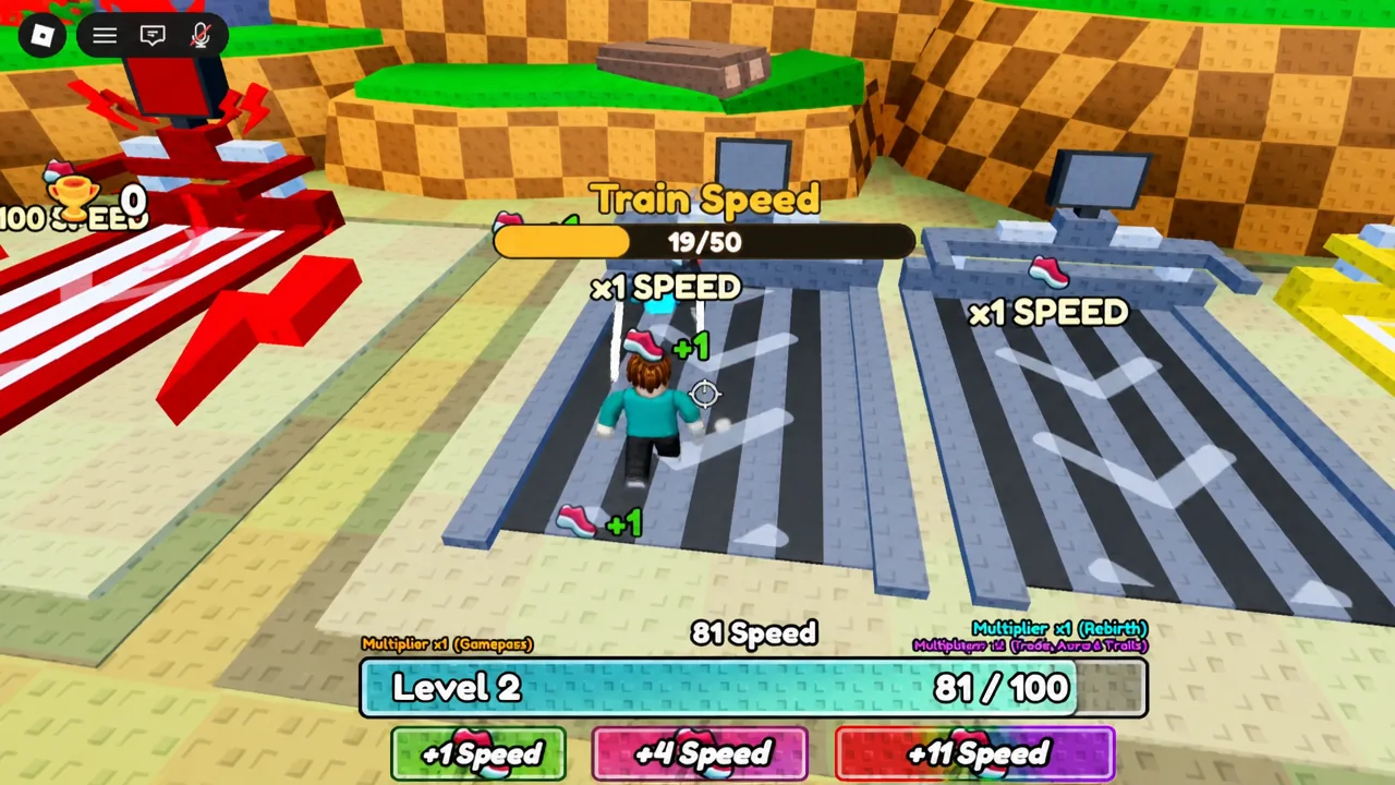Squirrel running on the x1 SPEED treadmill with a +1 speed pop-up on the Train Speed screen