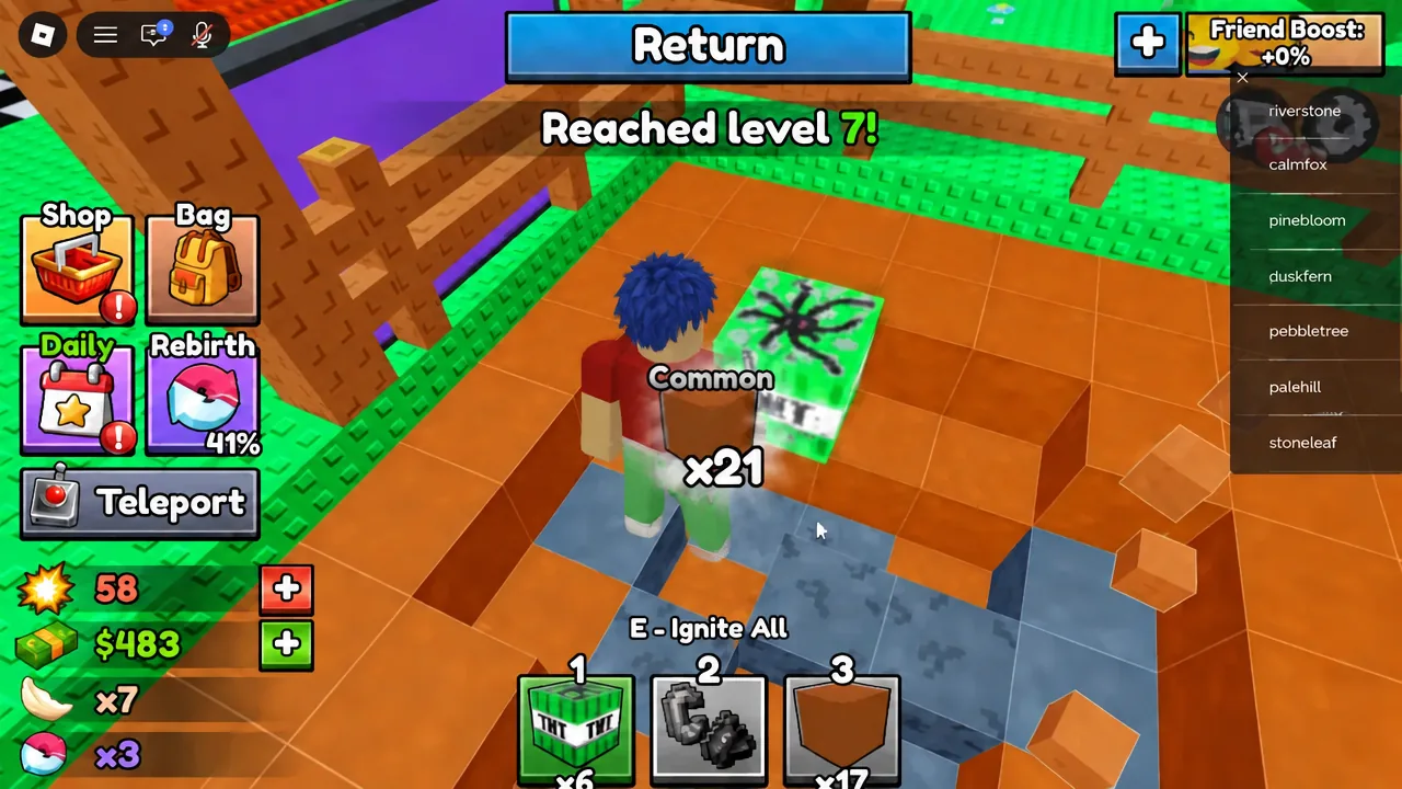 Level up notification with a Common x21 block stack counter after a blast in the mine