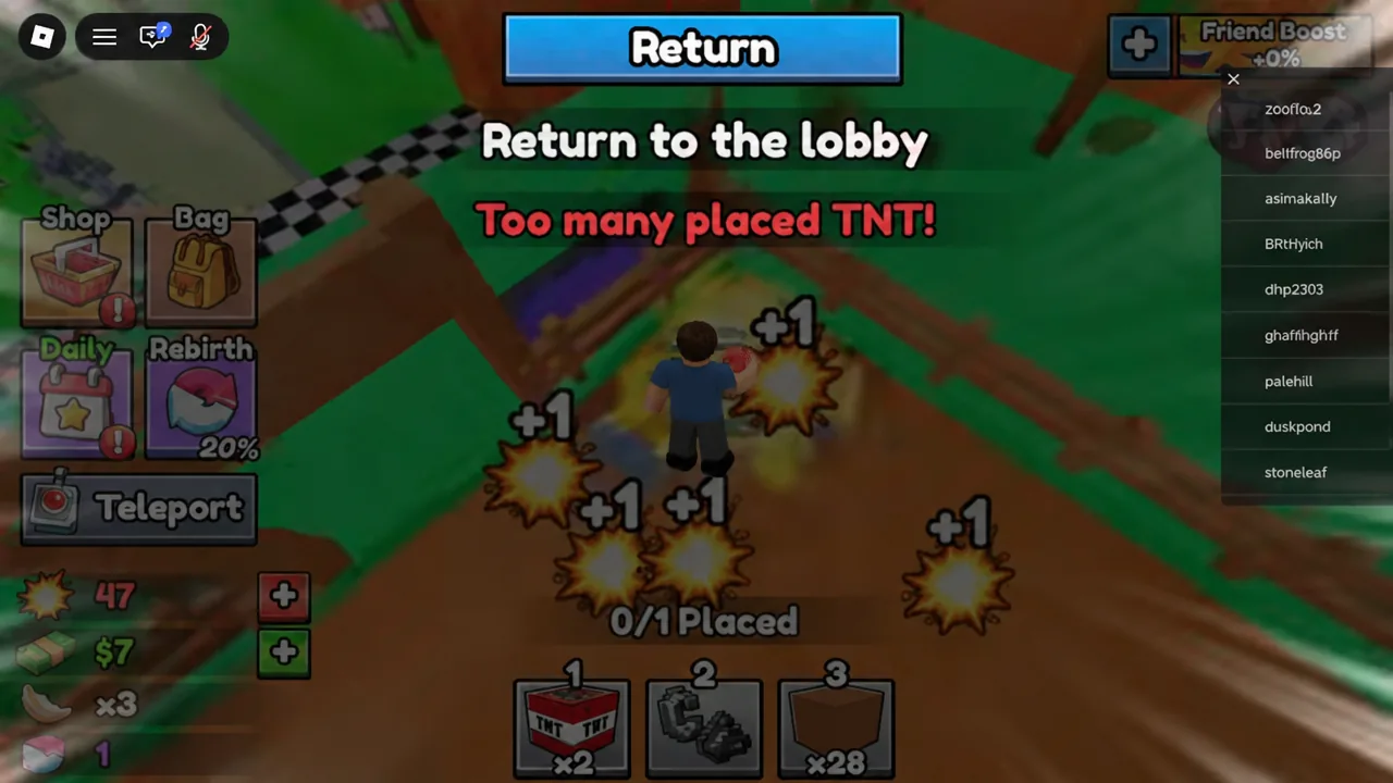 Mine screen showing the Return button while the game warns that too many TNT are placed