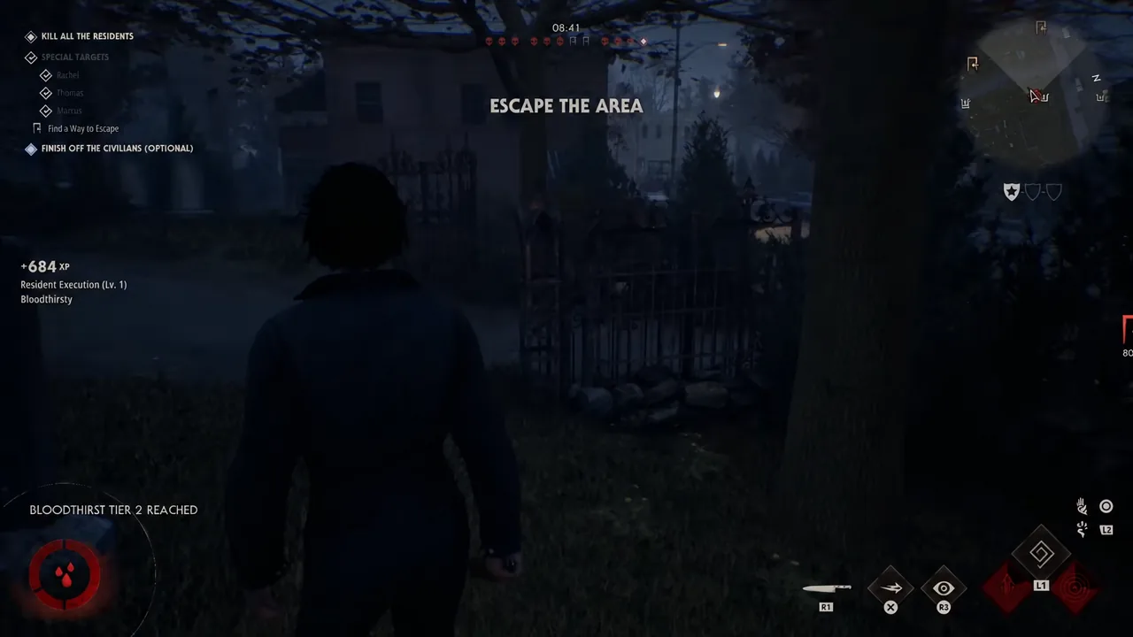 Escape the Area objective panel showing a civilian working toward an exit
