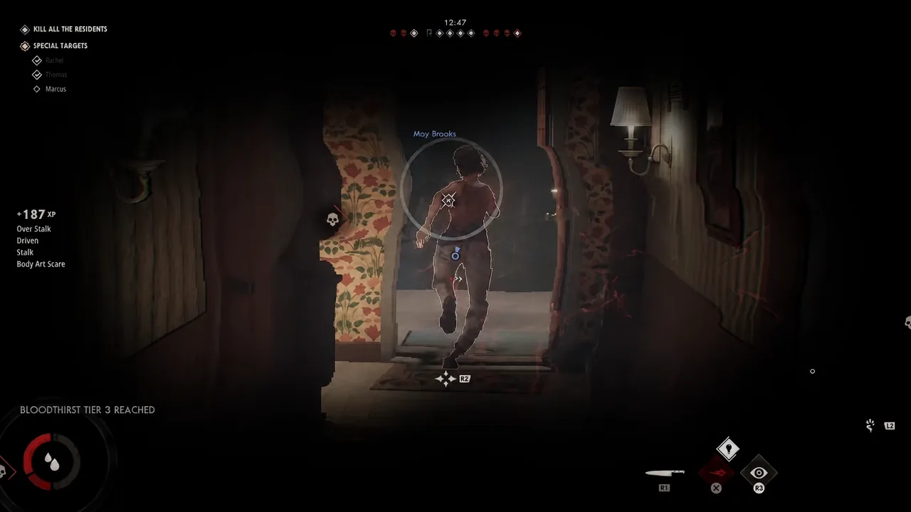 First-person killer view lining up a reticle on a resident to build the stalk meter