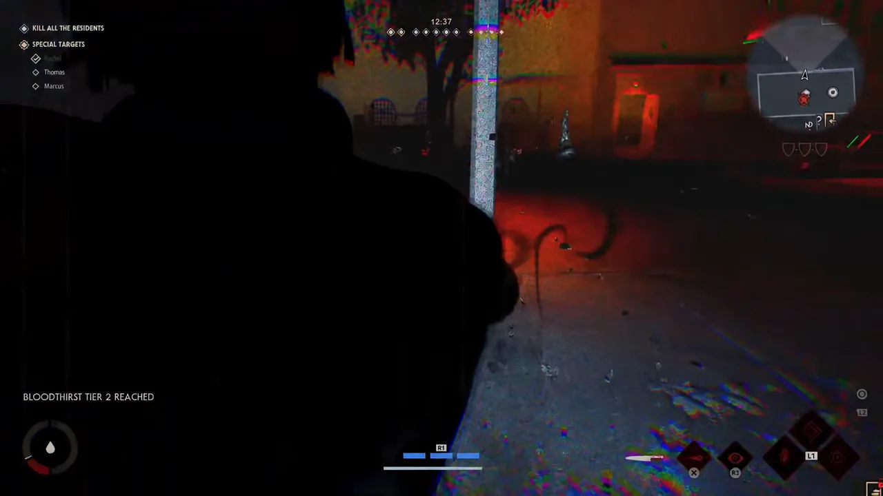 Killer HUD showing the Kill All the Residents objective and target markers in a dark courtyard
