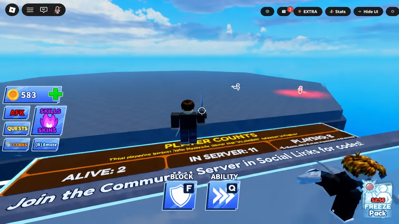 Blade Ball HUD showing the BLOCK F and ABILITY Q buttons beside the player count board