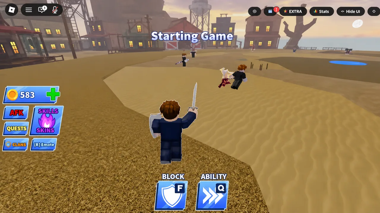 Starting Game screen in Blade Ball with the player character holding a sword as the round loads