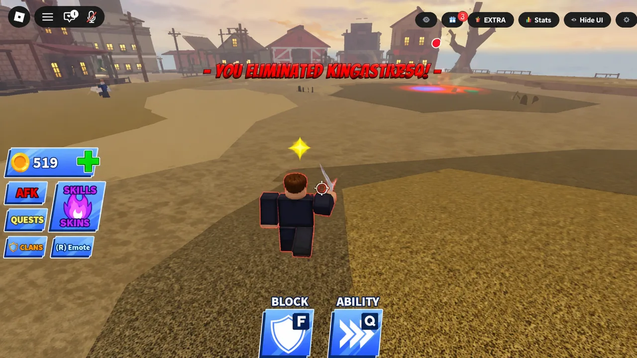 On-screen elimination banner in Blade Ball confirming the player knocked out an opponent