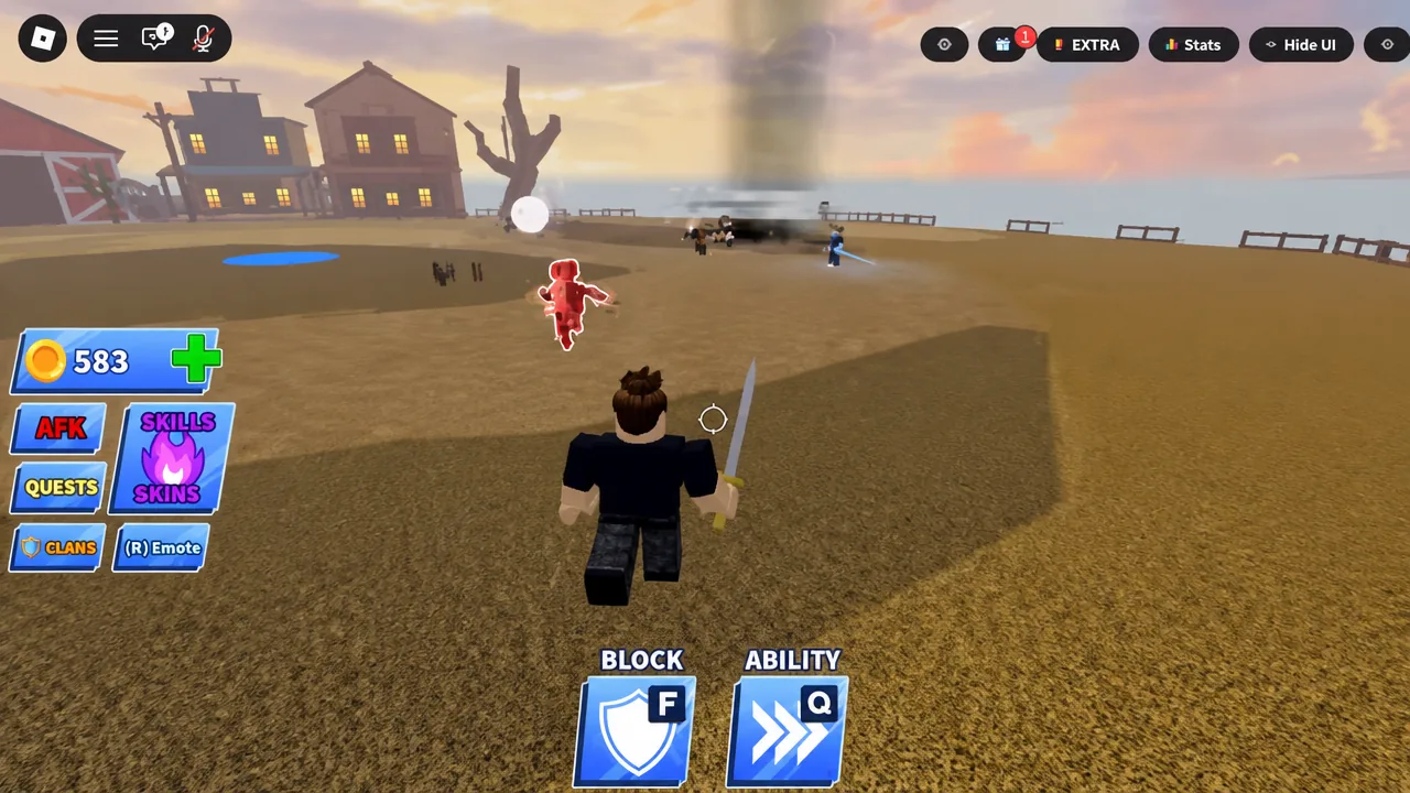 Blade Ball match with the BLOCK F prompt on screen as the player closes in on a red-highlighted opponent