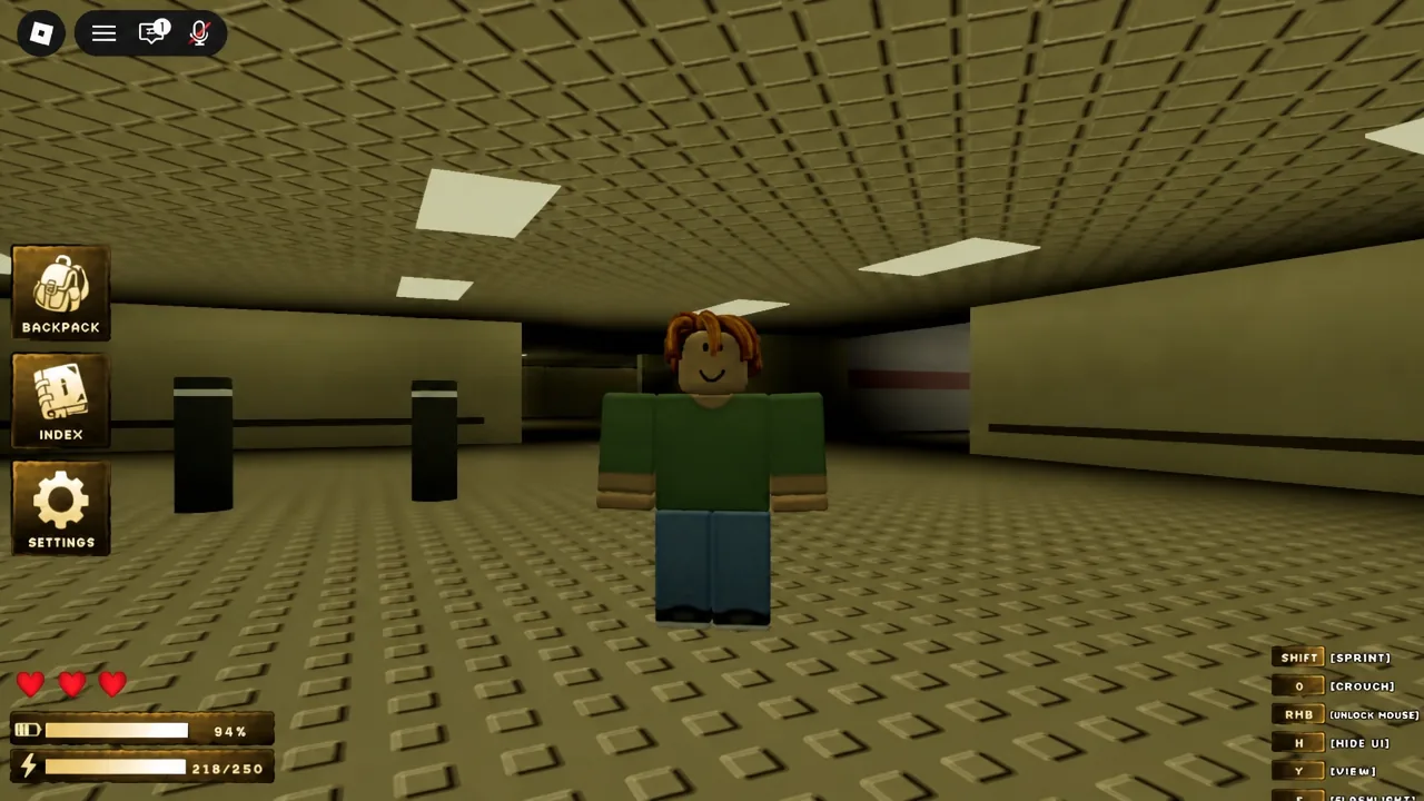 Bloxrooms in-run HUD with Backpack, Index, and Settings buttons while the character stands still