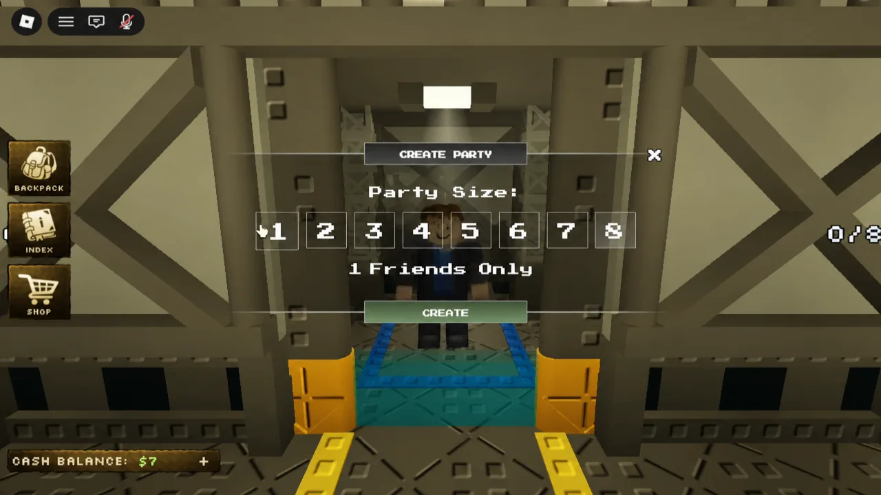 Create Party panel in Bloxrooms with party size set to 1 before pressing Create