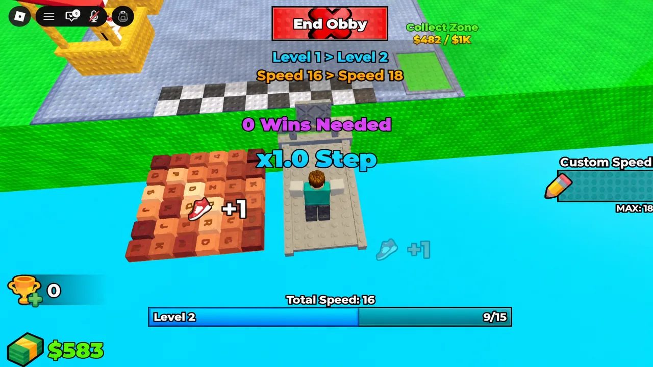 +1 shoe upgrade tile shown on the run, pushing speed toward Level 2