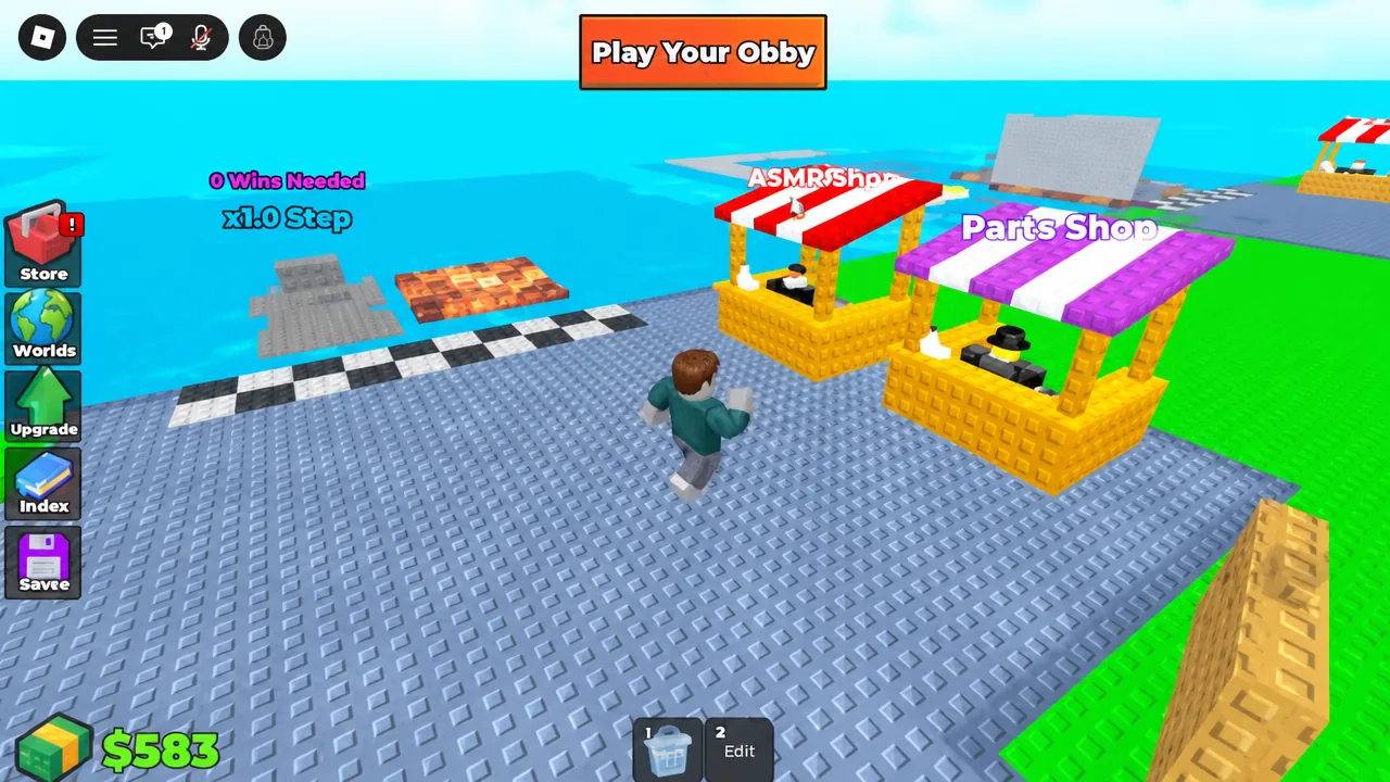 Avatar walking up to the ASMR Shop and Parts Shop kiosks on the obby plot