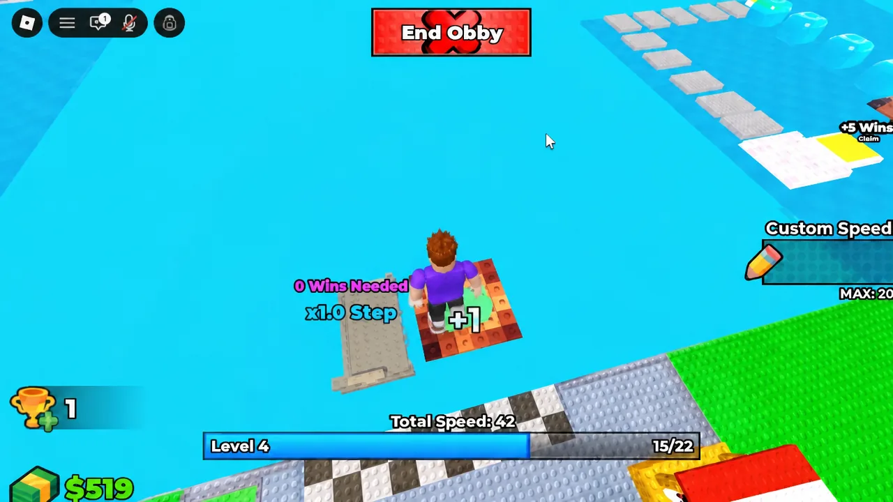 End Obby button on screen while the avatar moves along the course