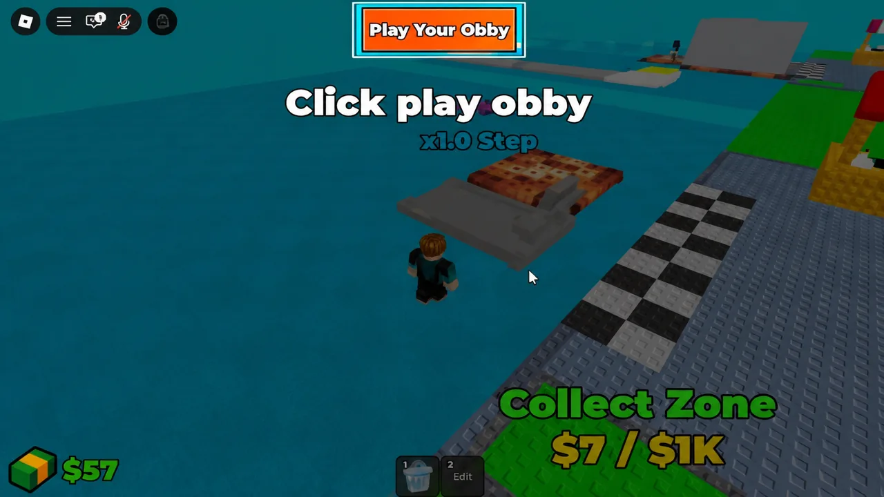 Play Your Obby prompt highlighting the gray launch platform