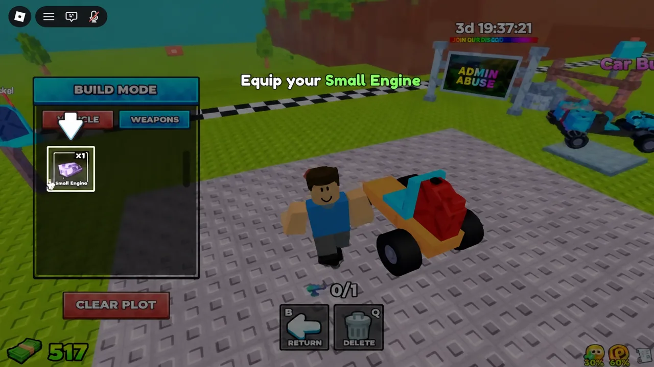 Build Mode open on the Vehicle tab with the Small Engine selected