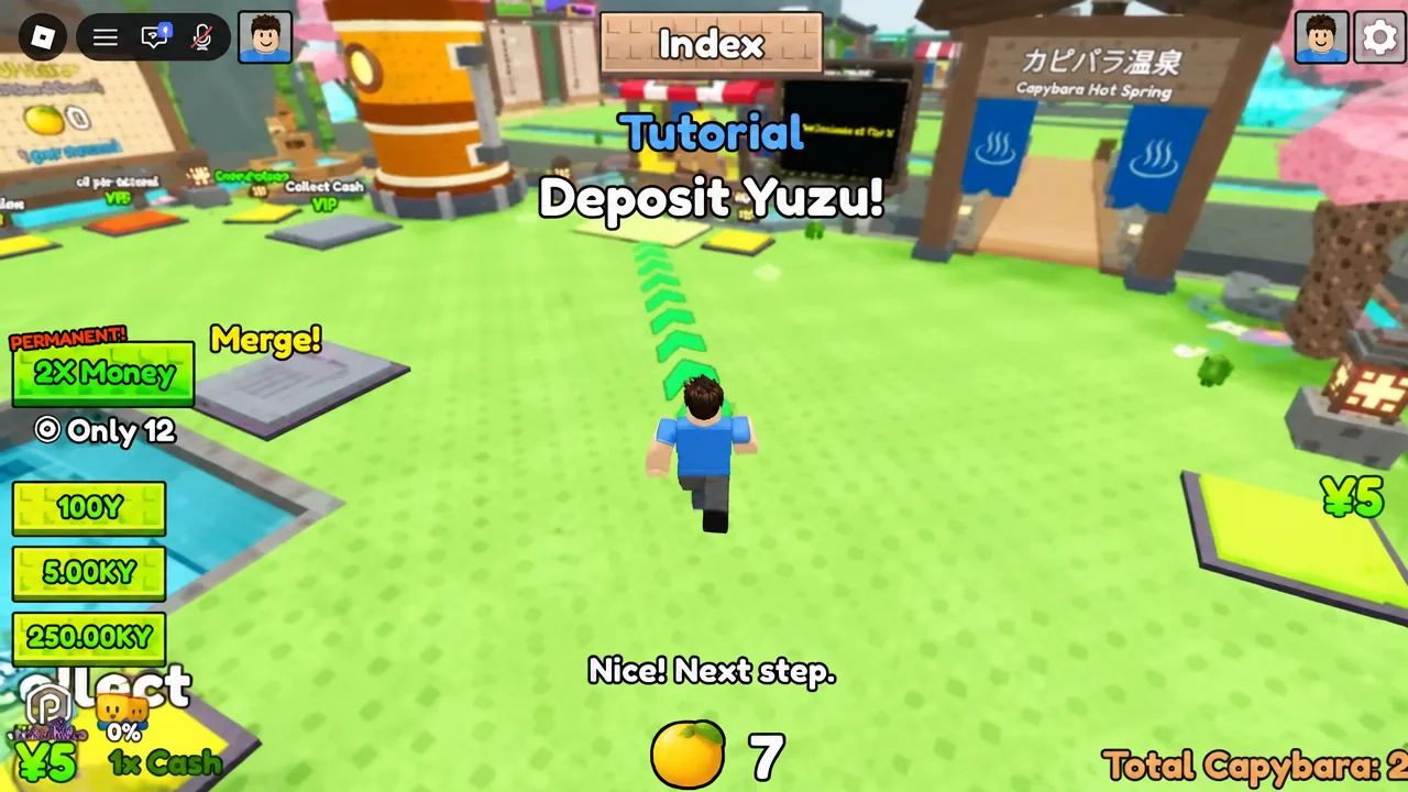 Tutorial objective reading Deposit Yuzu with green arrows pointing to the stall