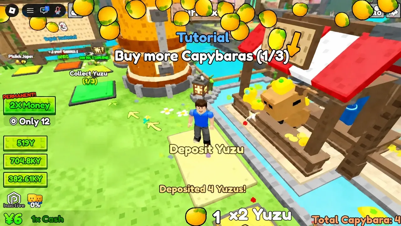 Player depositing Yuzu at the stall while the Buy more Capybaras objective is active