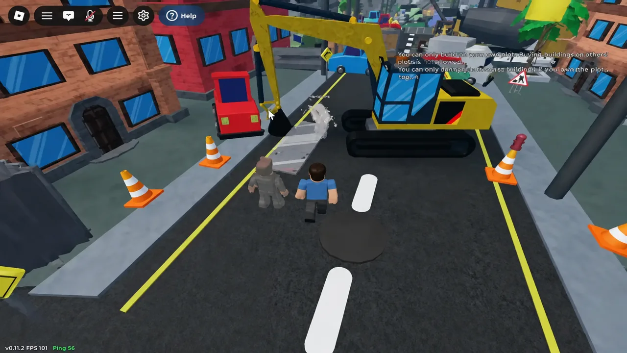 Lobby construction plot with an excavator digging up the road and the Help screen open