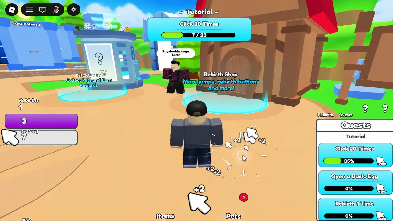 Tutorial quest panel showing Click 20 Times at 7 out of 20 progress