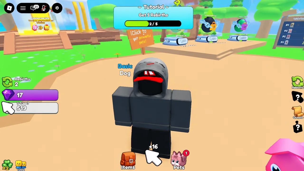 Player clicking with a plus 16 gain floating above the avatar during the rebirth quest
