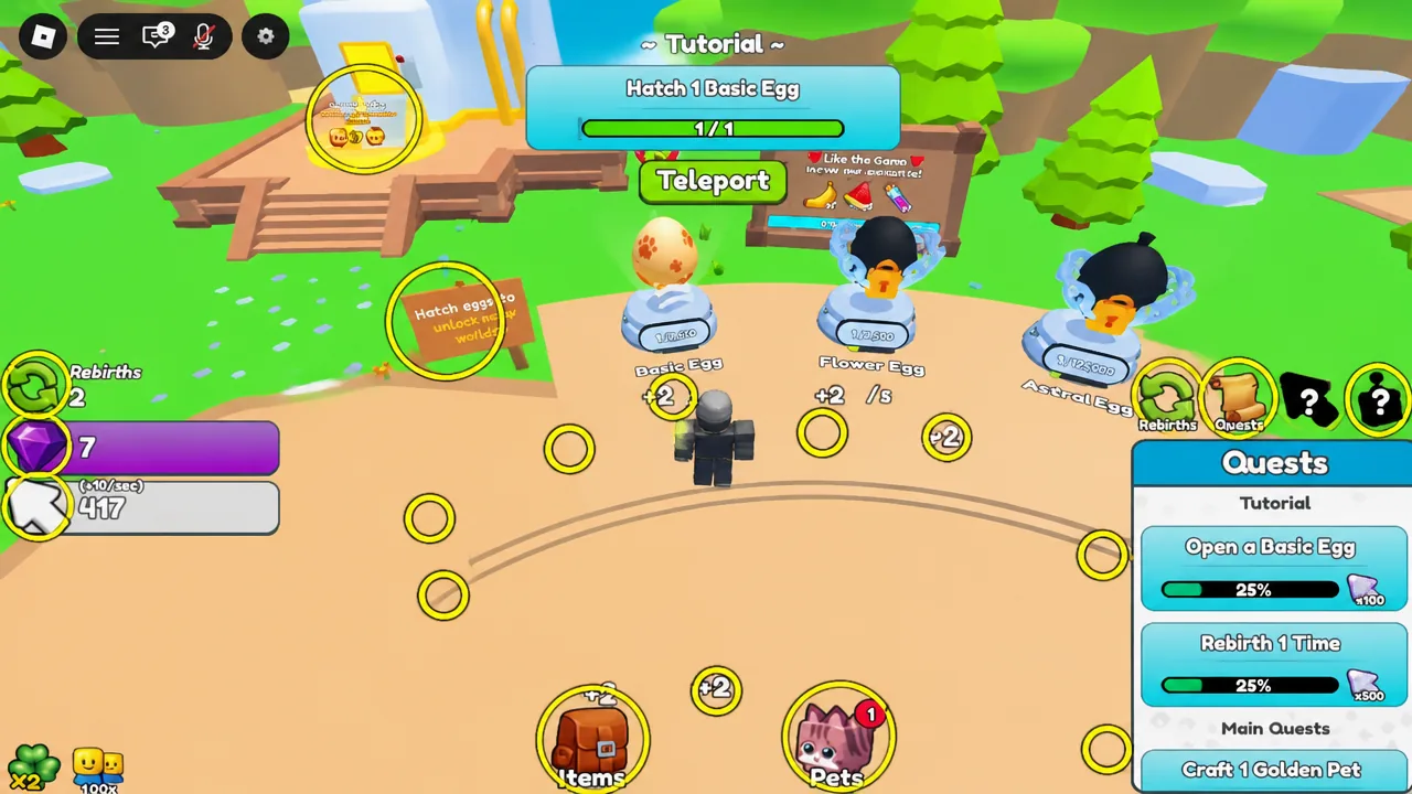 Tutorial pointing at the Basic Egg with the hatch prompt on screen