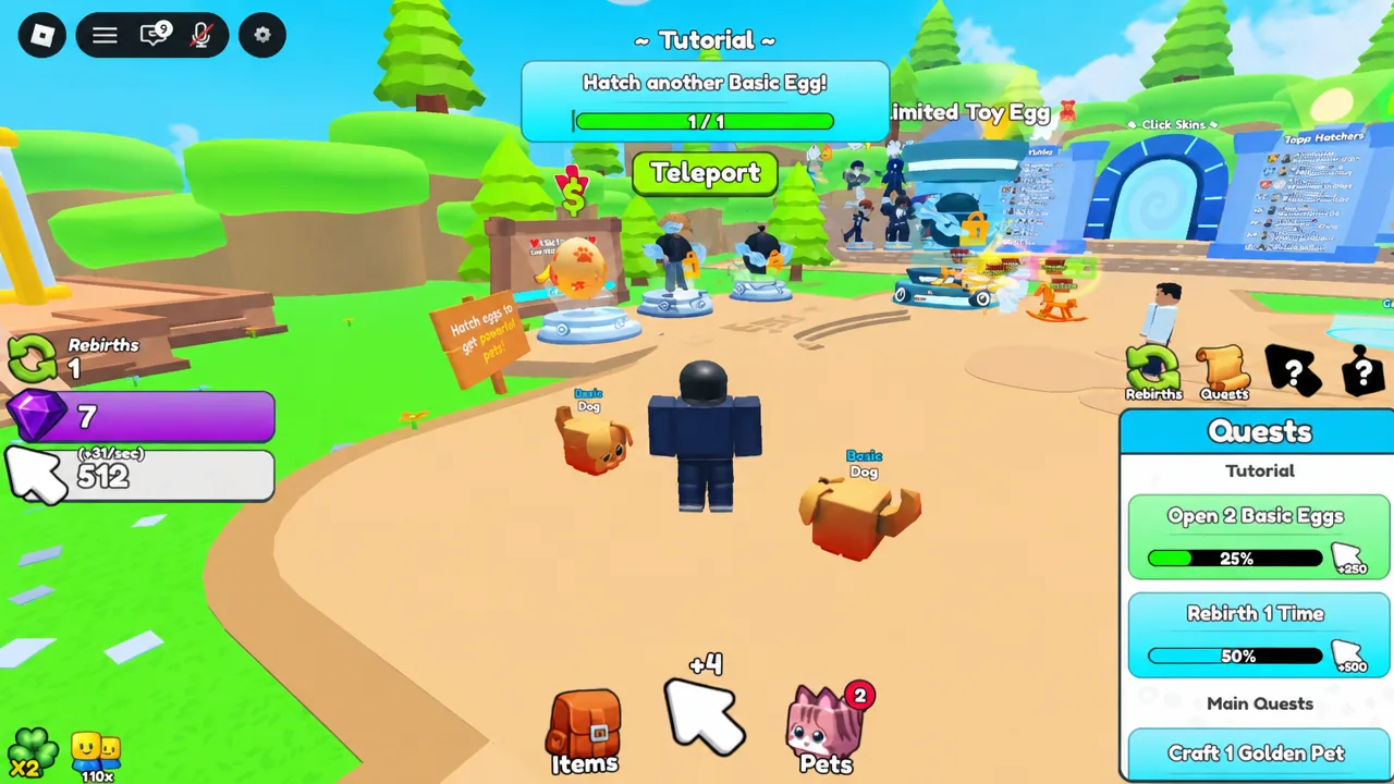 Tutorial prompting a second Basic Egg hatch with the Teleport button visible