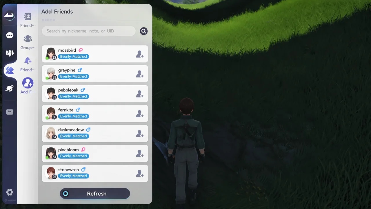 Aniimo Add Friends tab listing suggested players with buttons to send friend requests