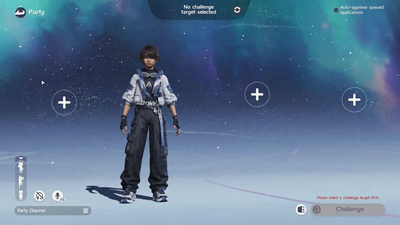 Greyed-out Challenge button on the Aniimo Party screen with no target selected
