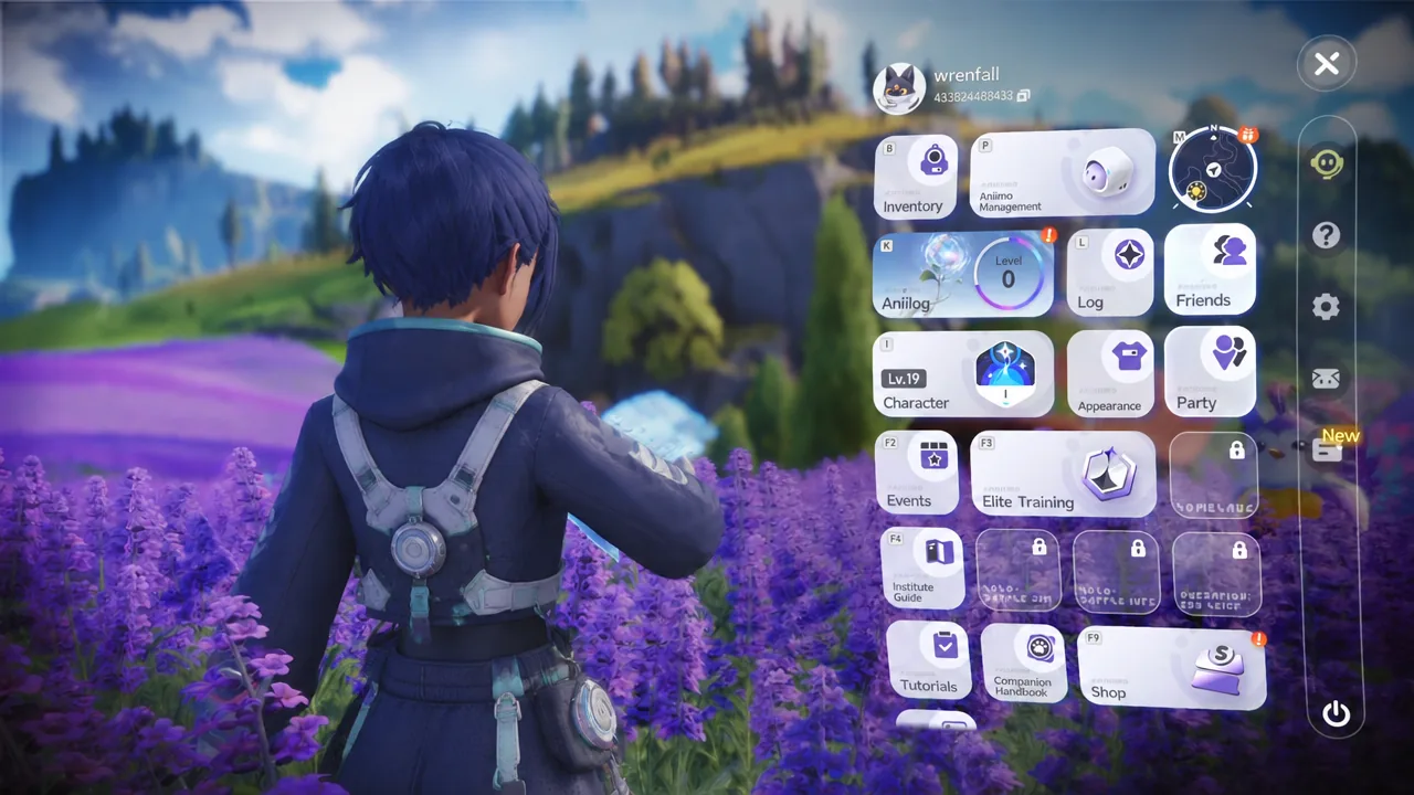 Aniimo pause menu overlay with Inventory highlighted alongside character and party options