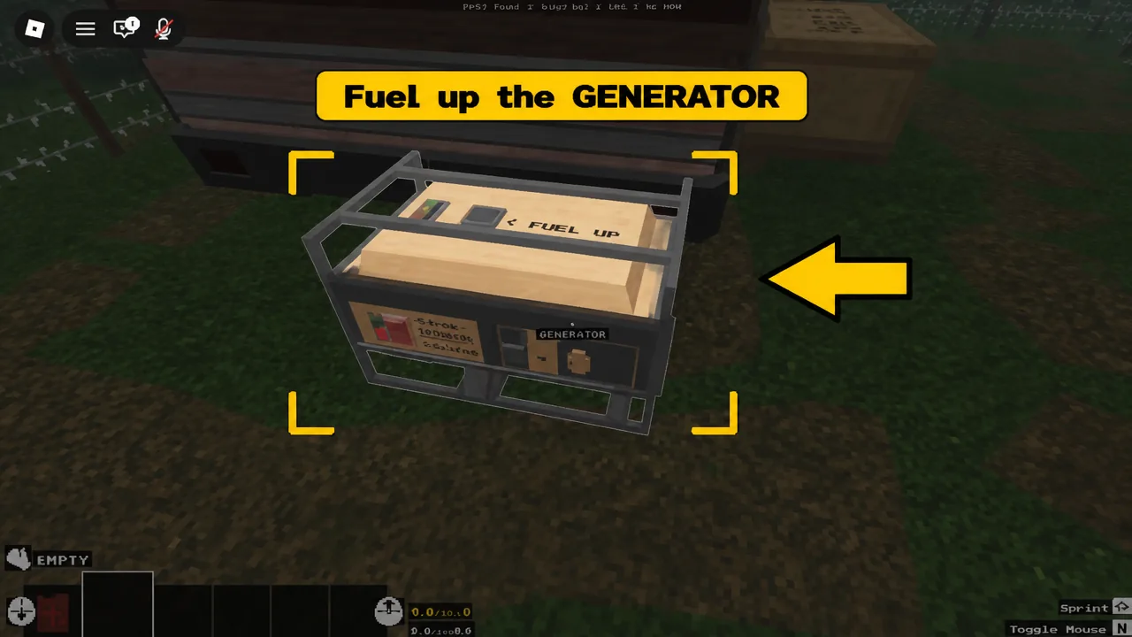 Generator being refueled at camp with the fueling objective displayed